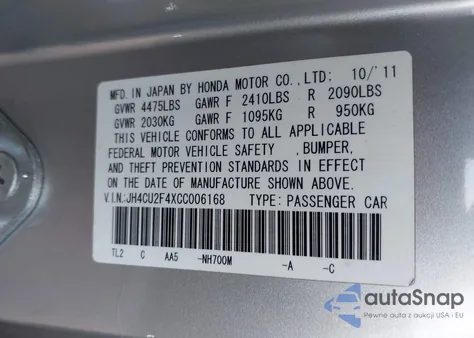 2012 Acura Tsx 2.4 z USA, uszkodzony, nr VIN JH4CU2F4XCC006168